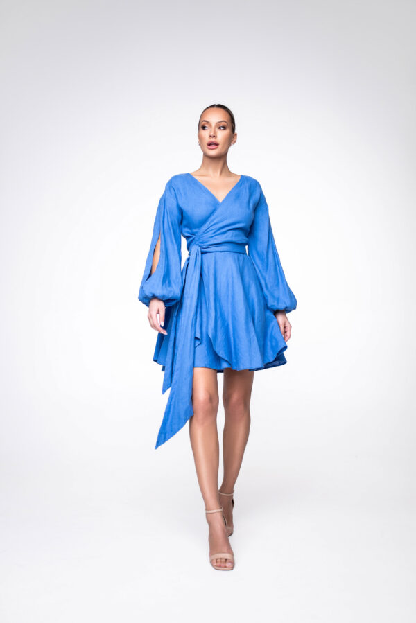 Mėlyna lininė wrap-over suknelė „Lille“