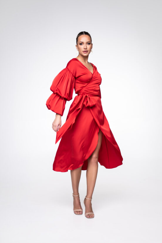 Silkine, raudona, midi ilgio suknele moterims
